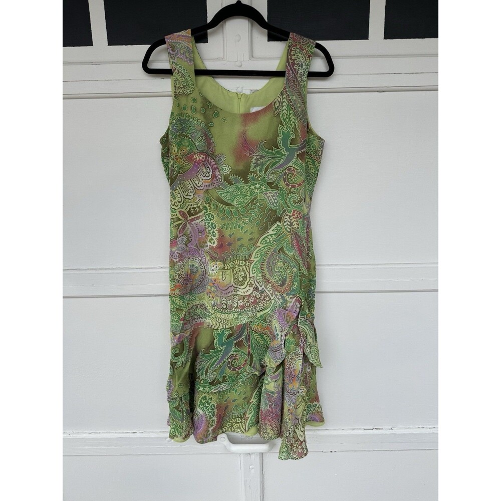 VTG Althuser Dress Viscose Green Pink Ruffled Bottom   Batik Zipper Lined Sz 12